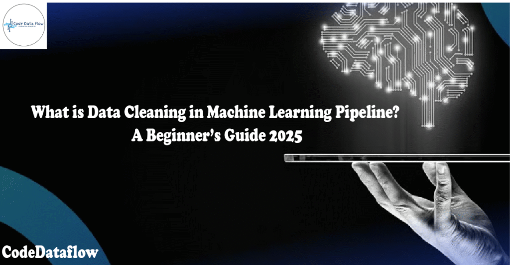 Alt: Data cleaning in machine learning pipeline illustration showing preprocessing steps like handling missing values, removing duplicates, detecting outliers, and scaling data for accurate model training 2025
