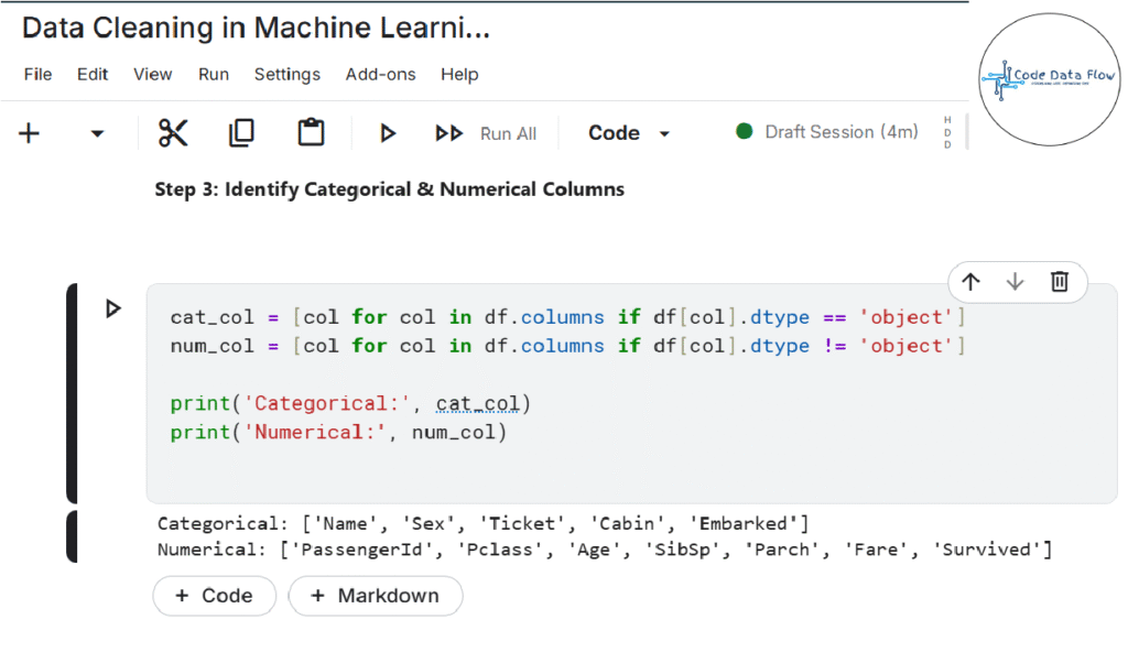 Alt: Titanic dataset categorical and numerical column types identified using Pandas dtype